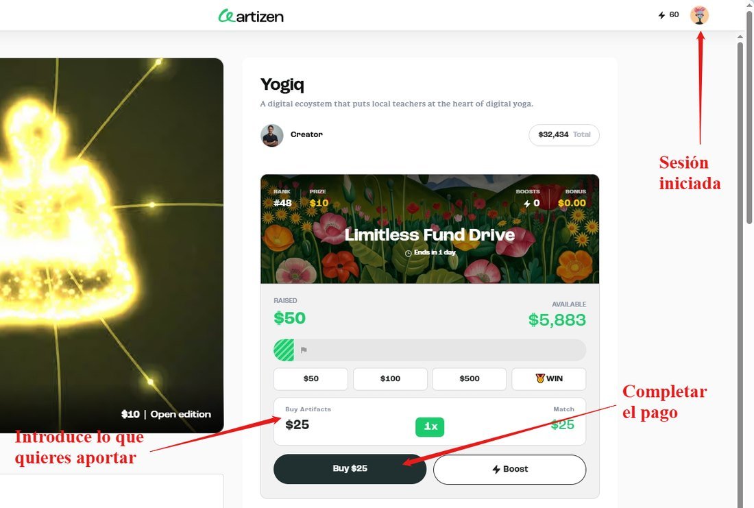 The Artizen project page while signed in, with the amount field and the buy button marked.